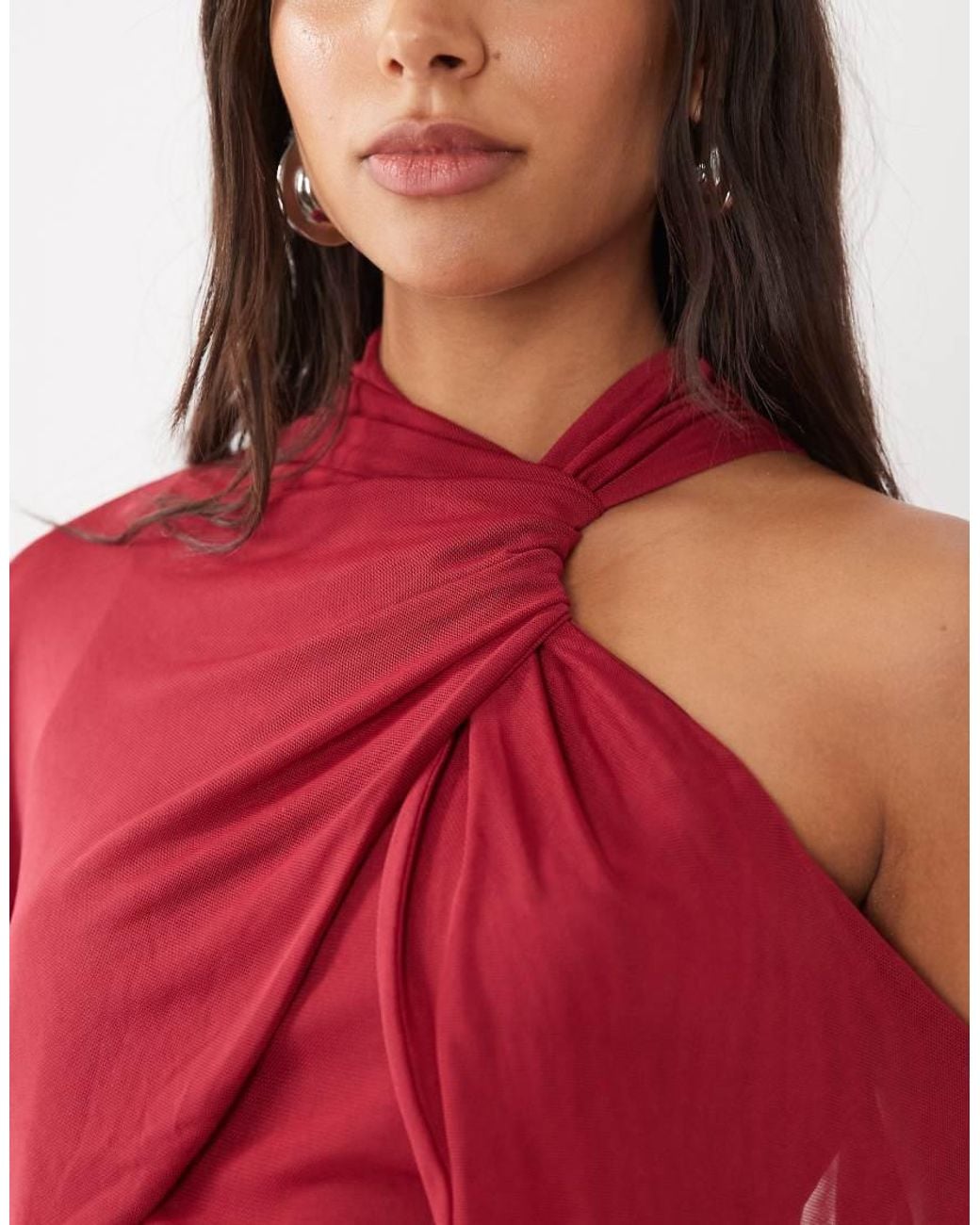 ASOS Red Mesh Asymmetric Ruched Mini Dress With Batwing Sleeve