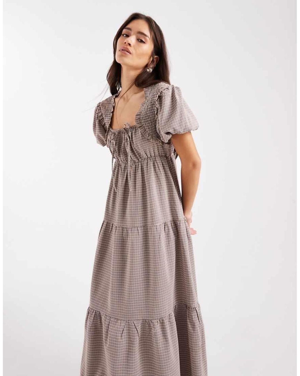 Daisy Street Brown Puff Sleeve Tiered Maxi Dress