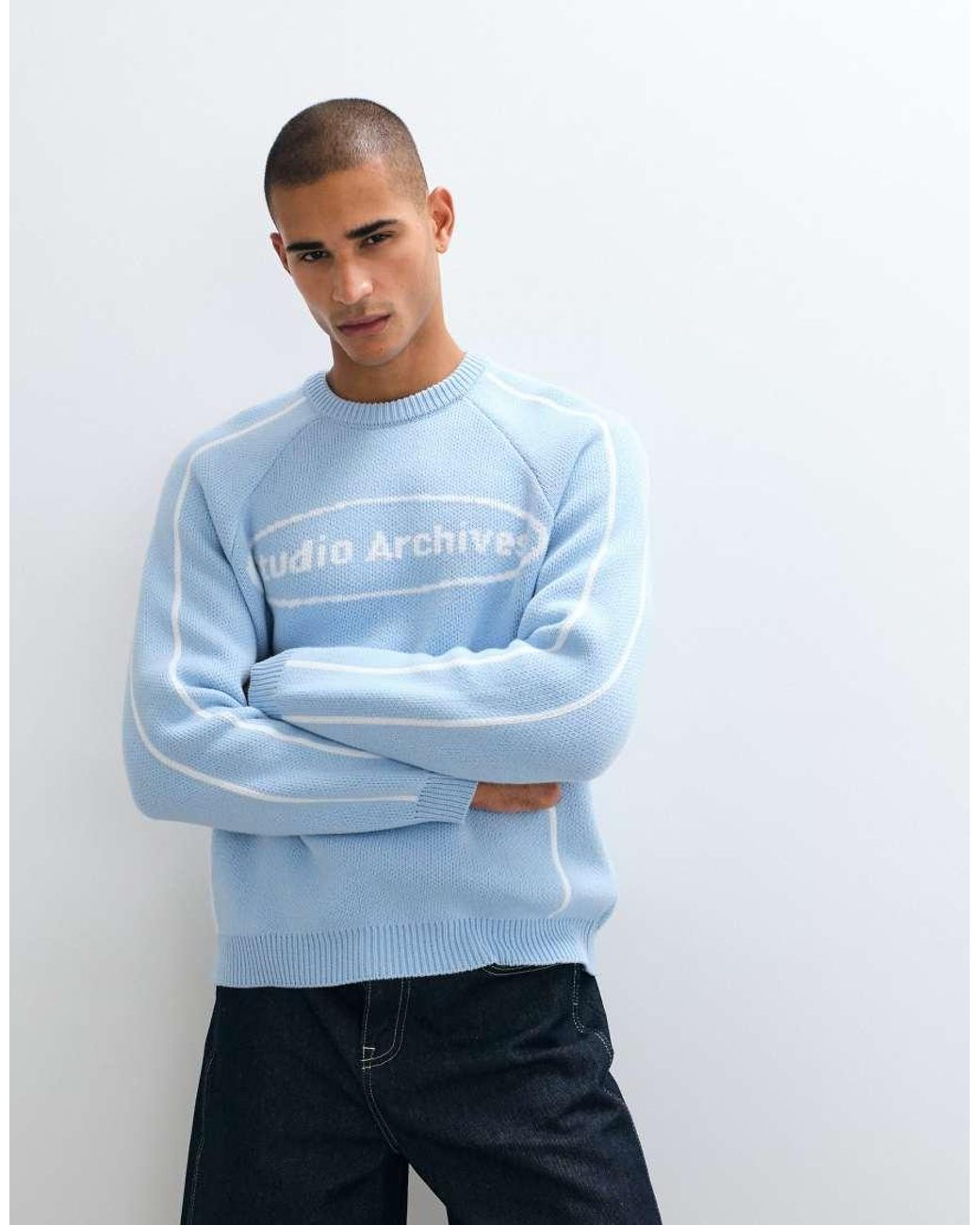 ASOS Blue Knitted Oversized Graphic Jumper for men