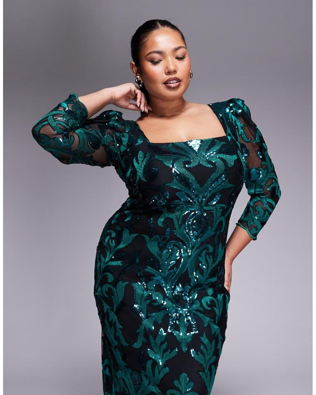 Goddiva Green Curve Square Neck Scalloped Lace Midi Dress