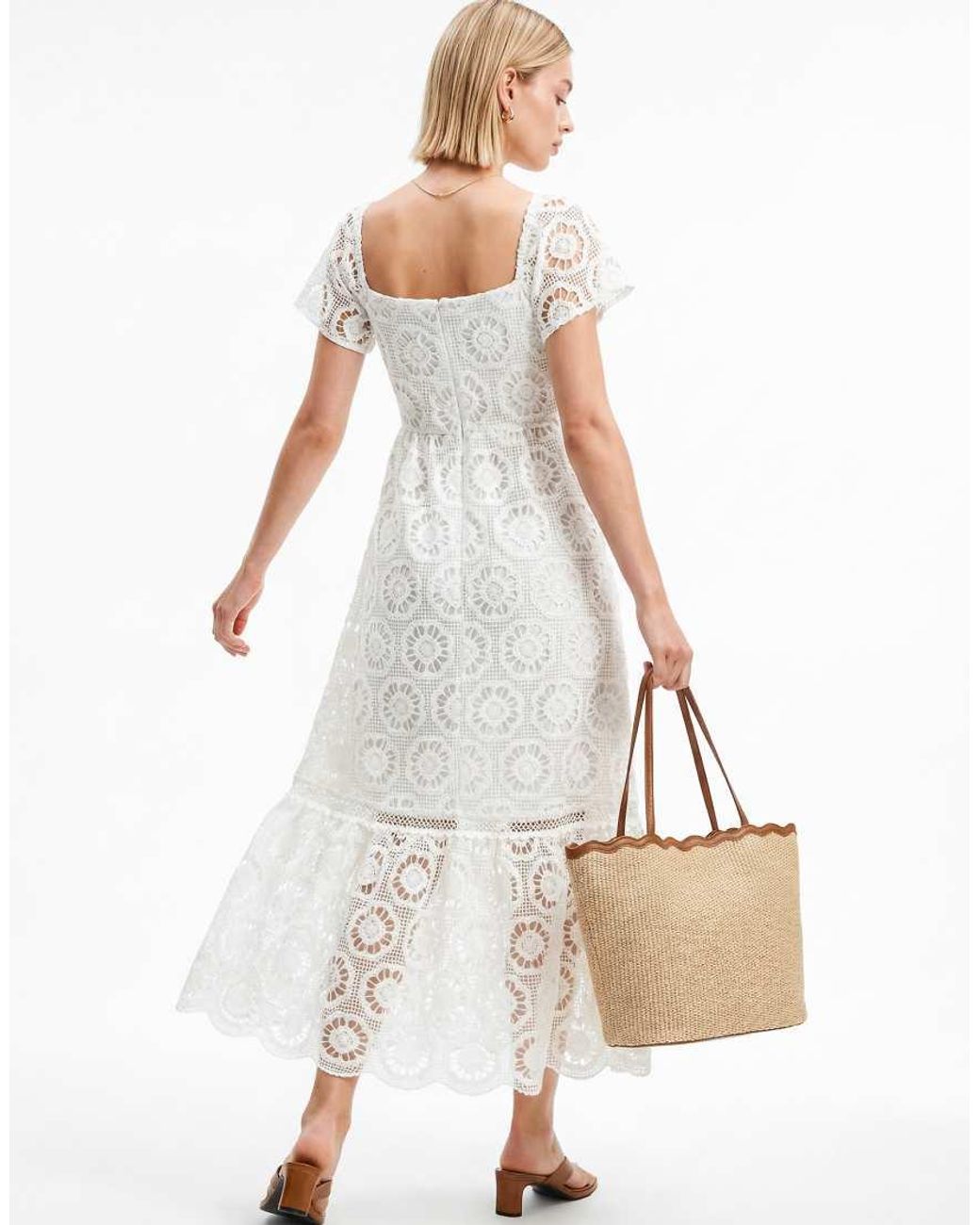 Lovedrobe White Floral Lace Square Neck Short Sleeve Midaxi Dress