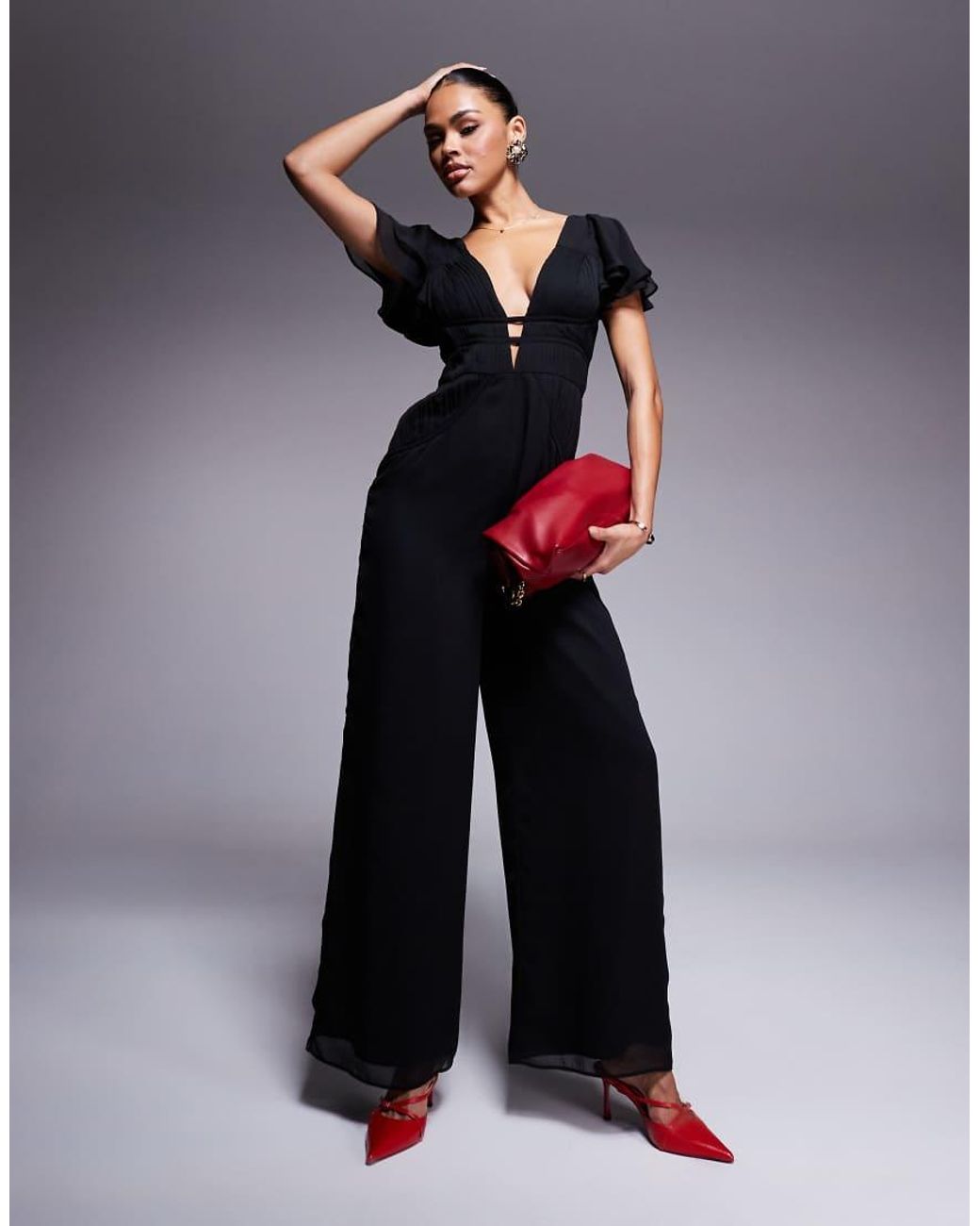 ASOS Blue Flutter Sleeve Ruched Wide Leg Jumpsuit