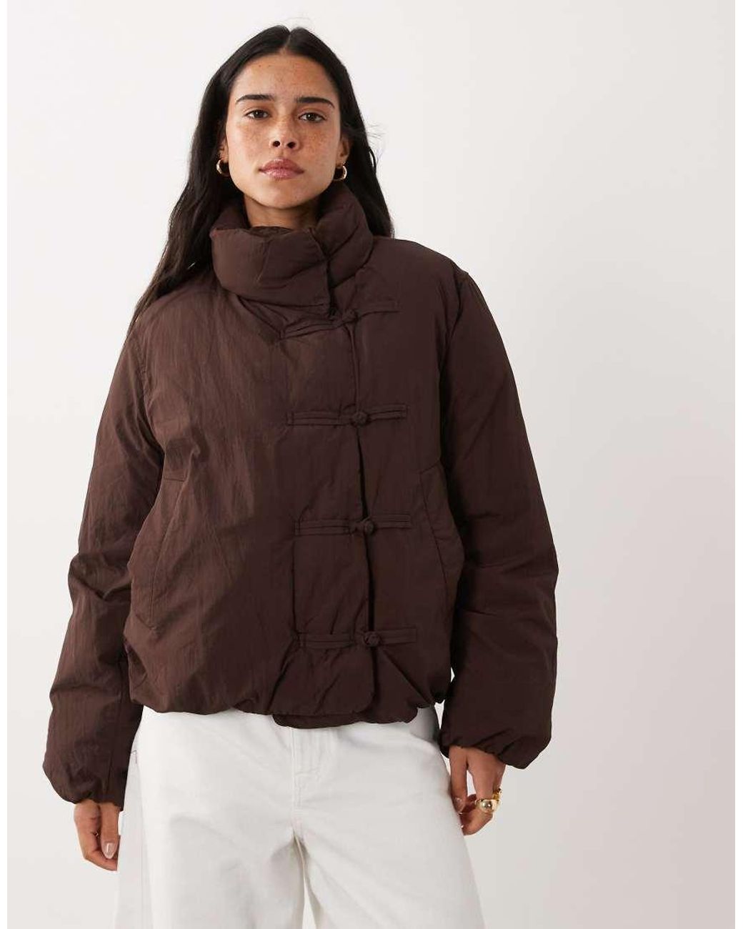 Mango Brown Puffer Jacket With Mandarin Buttons