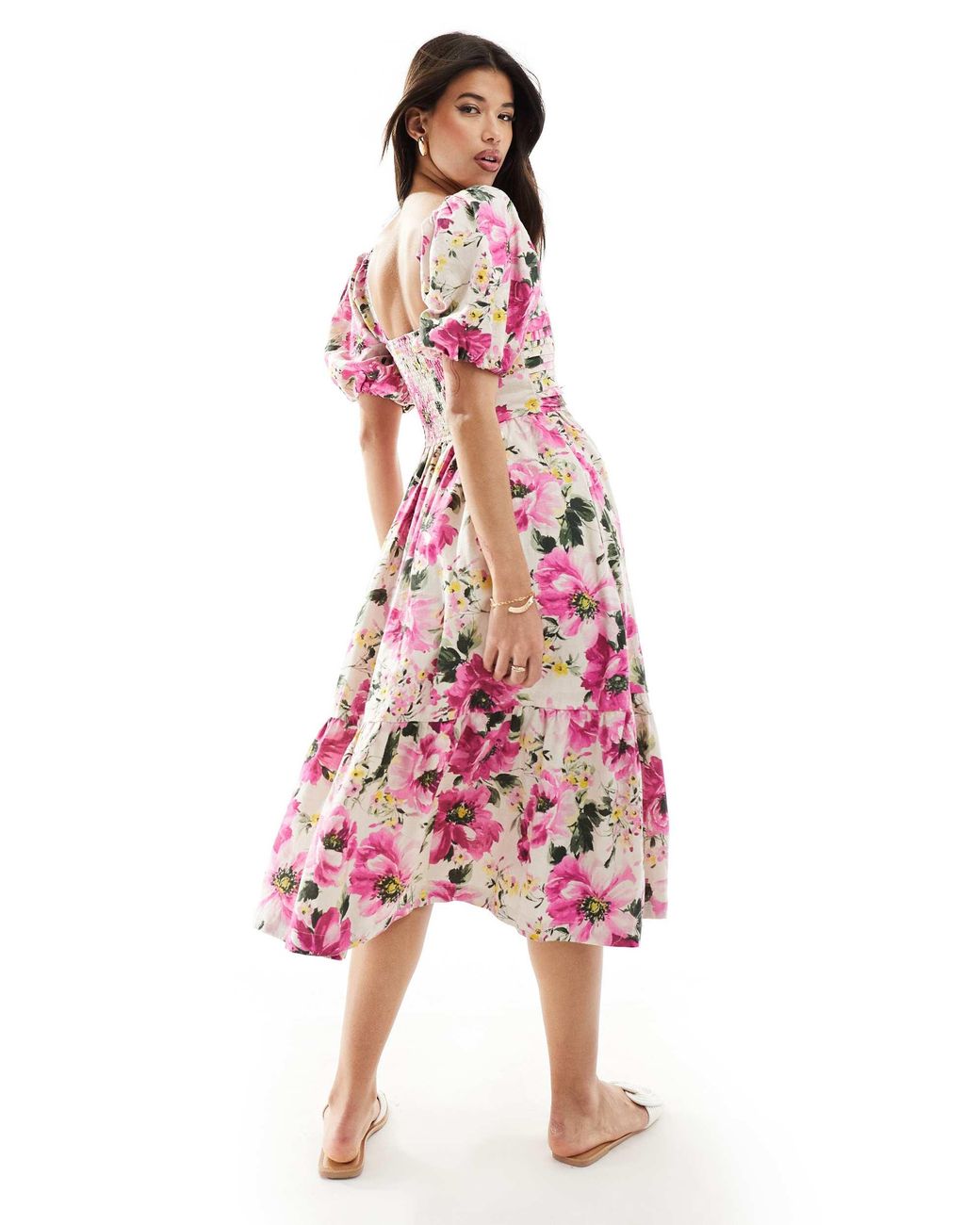 Abercrombie & Fitch Linen Blend Emerson Puff Sleeve Midi Dress in Red |  Lyst Australia