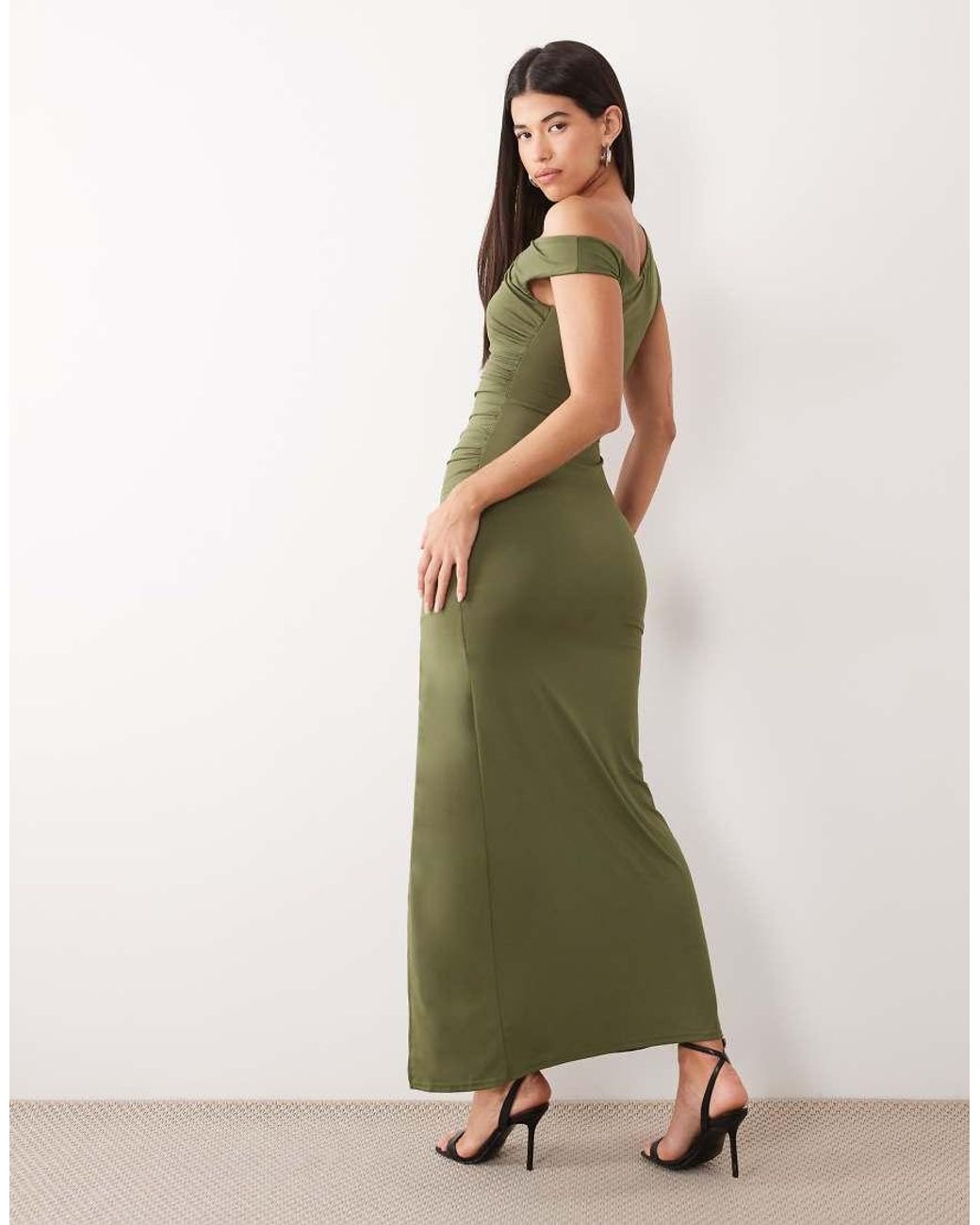 TFNC London Green Slinky Fallen Shoulder Thigh Split Maxi Dress