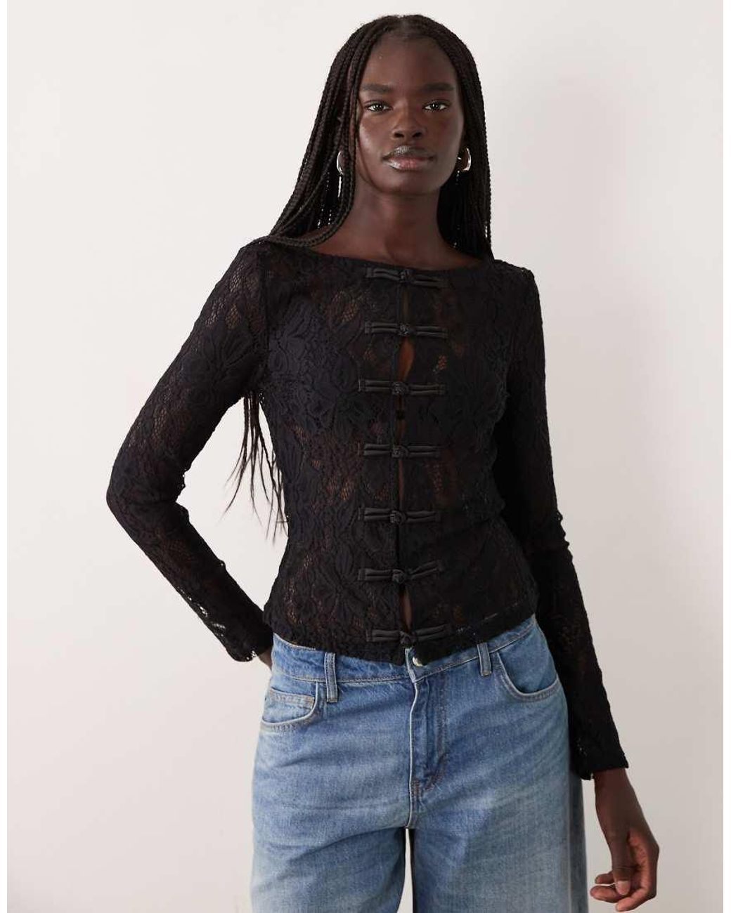 Pieces Black Mandarin-style Fastened Longline Lace Top