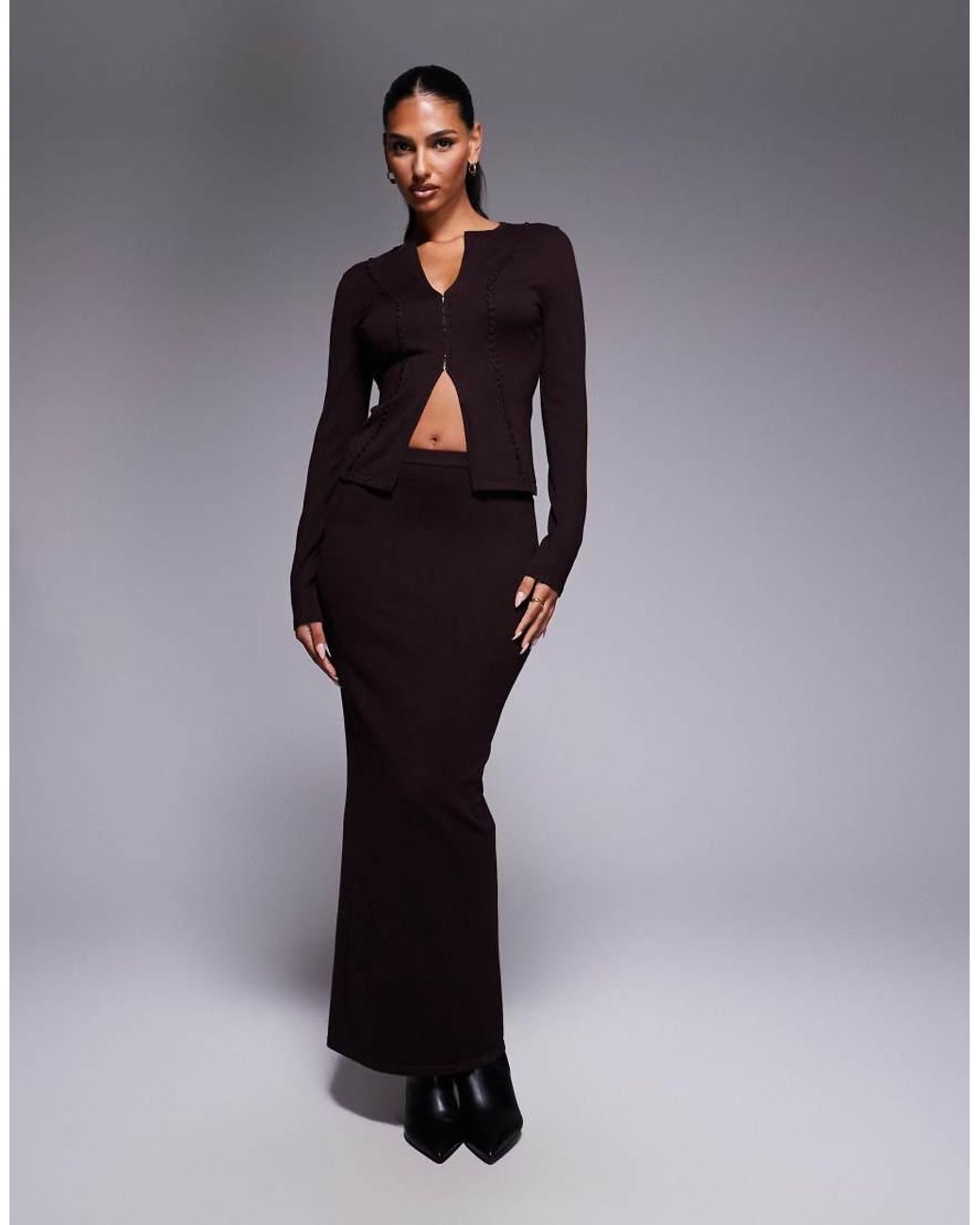 Kaiia Brown Exclusive Knitted Long Sleeve Split Front Clasp Detail Top Co-Ord