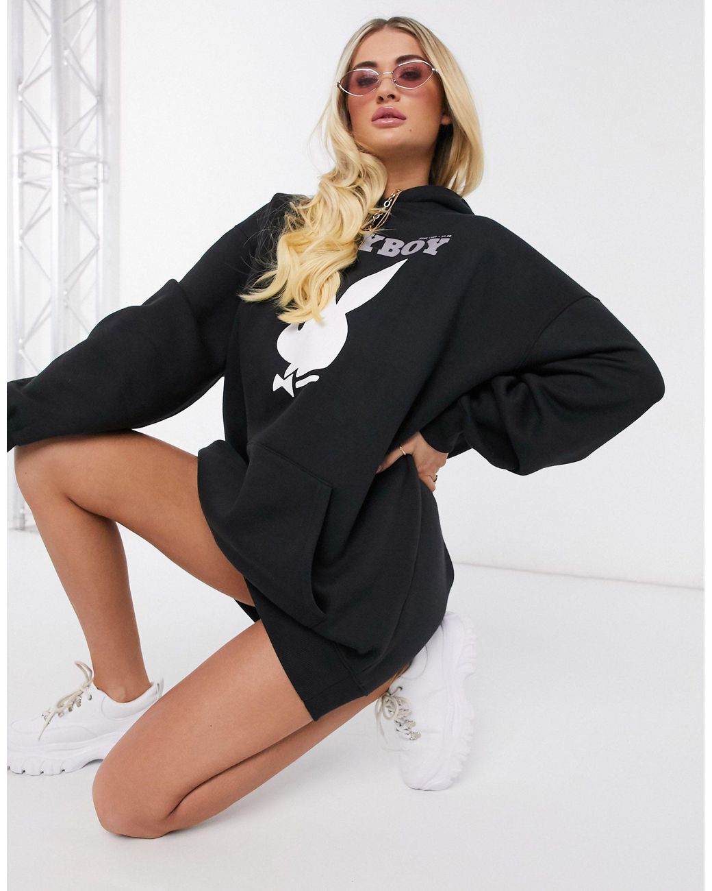 Missguided Playboy Bunny Graphic Hoodie Dress in Black | Lyst