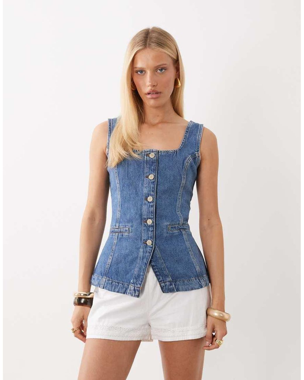 Nobody's Child Blue Ezra Cotton Denin Square Neck Waistcoat