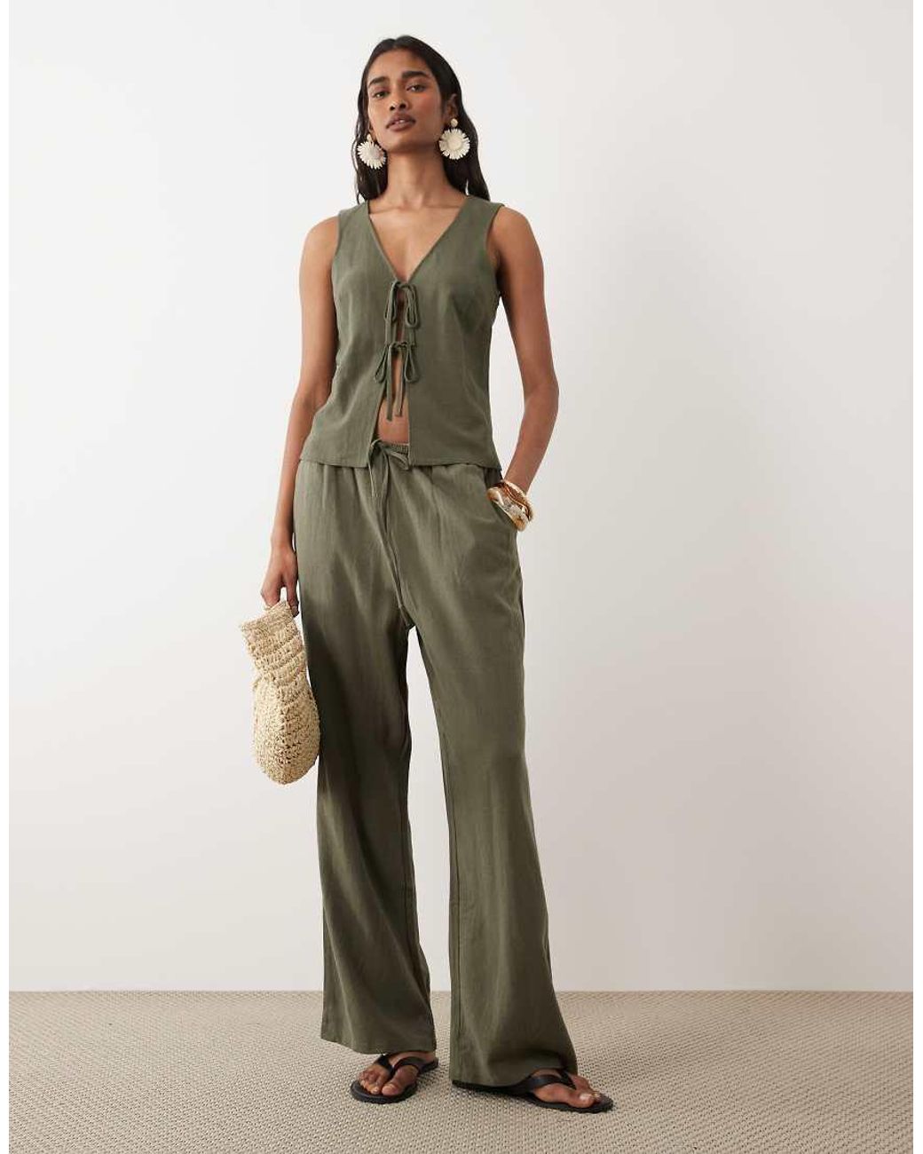 Miss Selfridge Green Linen Look Tie Front Vest