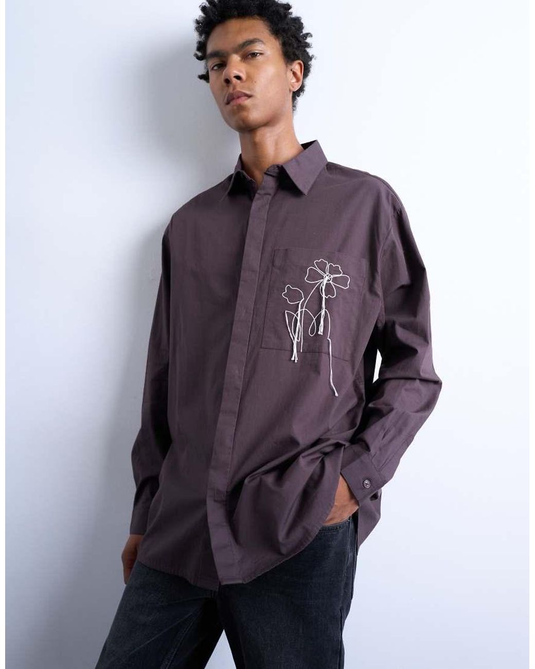 Topman Blue Oversized Fit Poplin Shirt With Floral Embroidery for men