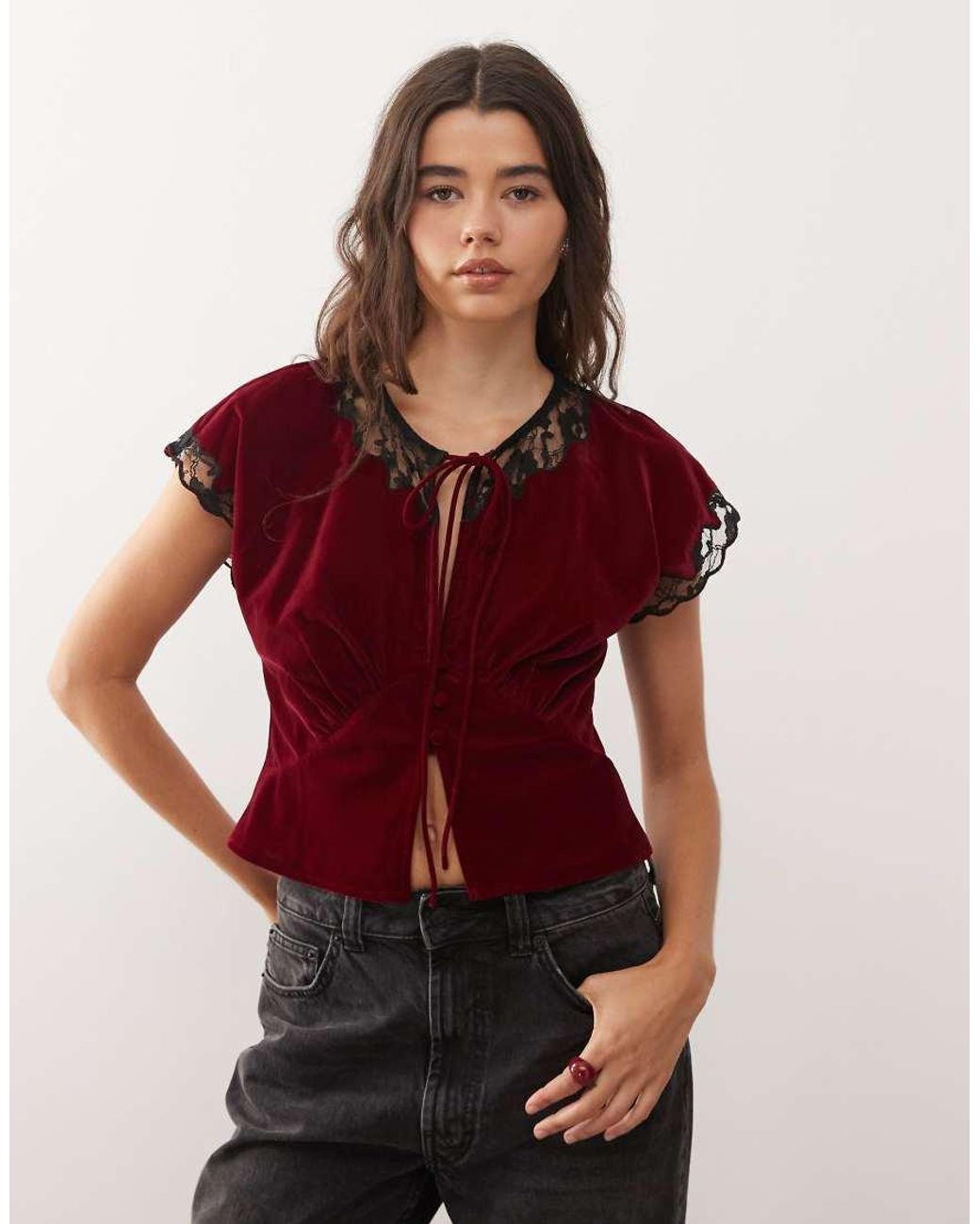 Reclaimed Vintage Red Tea Top With Inserted Lace