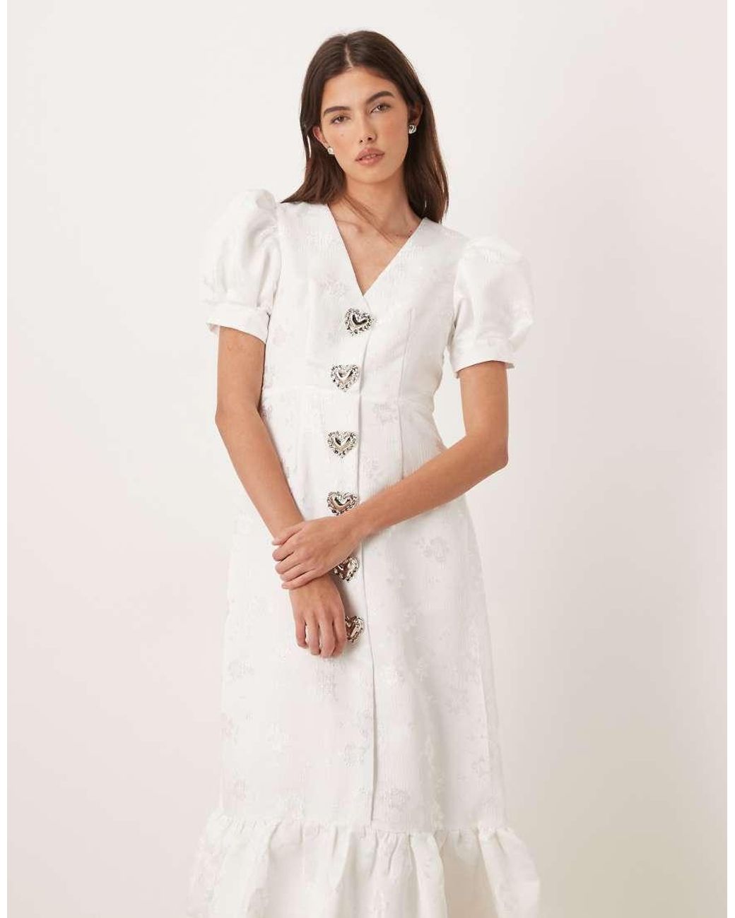 Sister Jane Natural Carnival Exclusive Bridal Puff Sleeve Heart Button Up Midi Dress