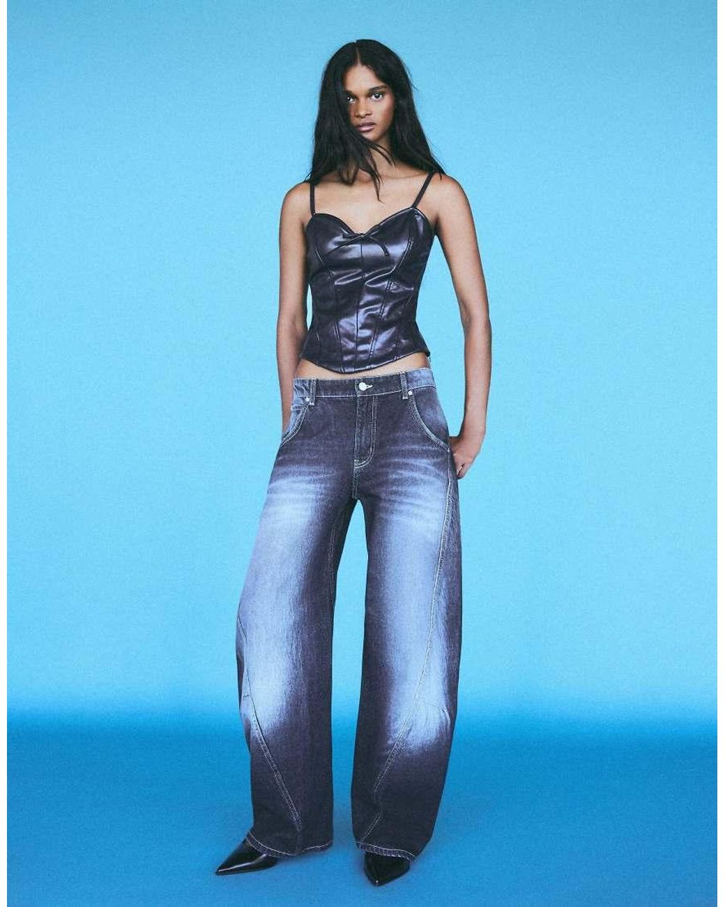 Bershka Blue Leather Effect Sweetheart Neckline Camisole Top