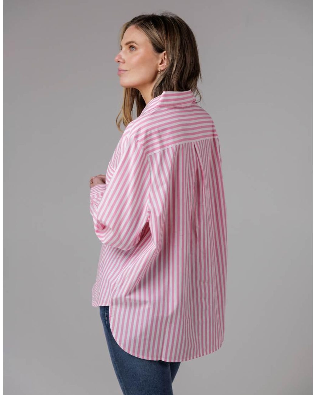 French Connection Pink Cotton Relaxed-Fit Long Sleeve Striped Popover High-Low Hem Shirt