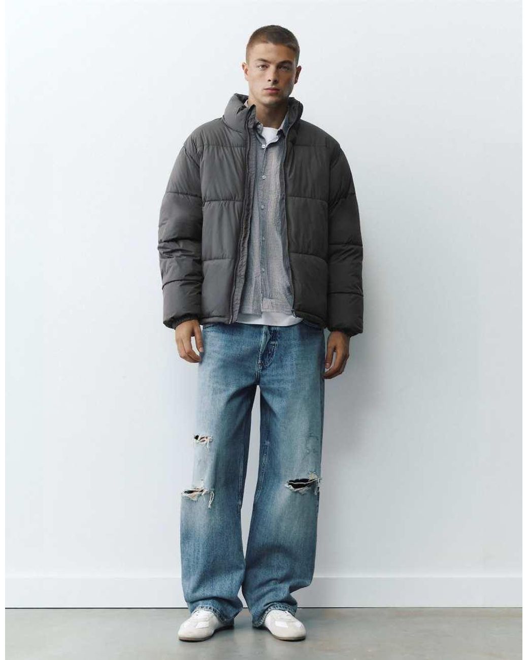 Pull&Bear Gray High Neck Puffer Jacket for men