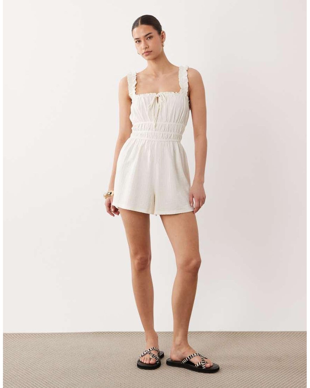 Miss Selfridge White Seersucker Shirred Romper