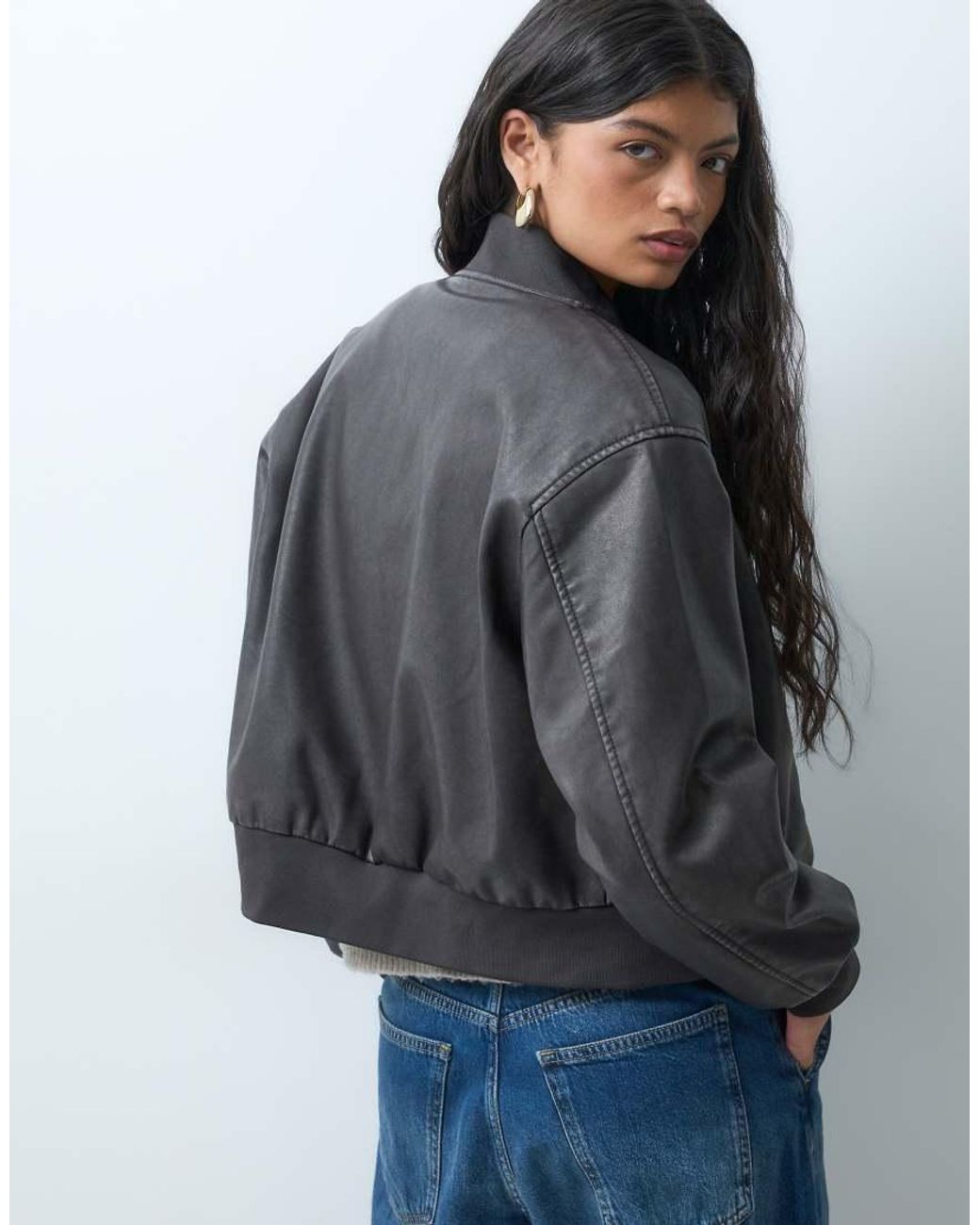 ONLY Gray Faux Leather Washed Bomber Jacket