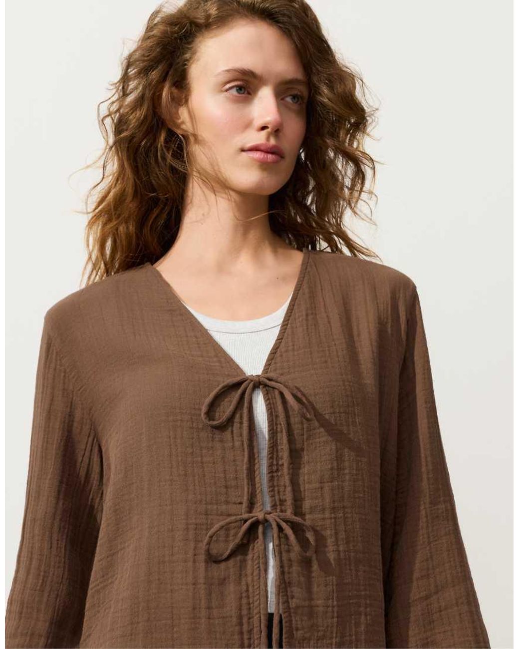 Oysho Brown Long-sleeved Shirt With Ties 100% Cotton