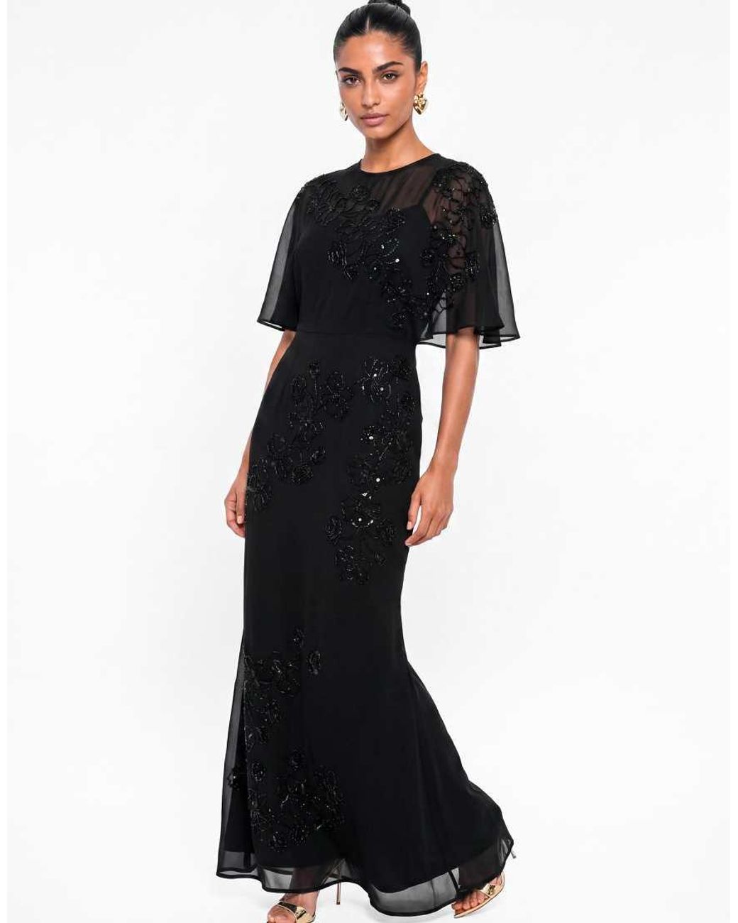 Maya Black Floral Embellished Cape Sleeve Maxi Dress