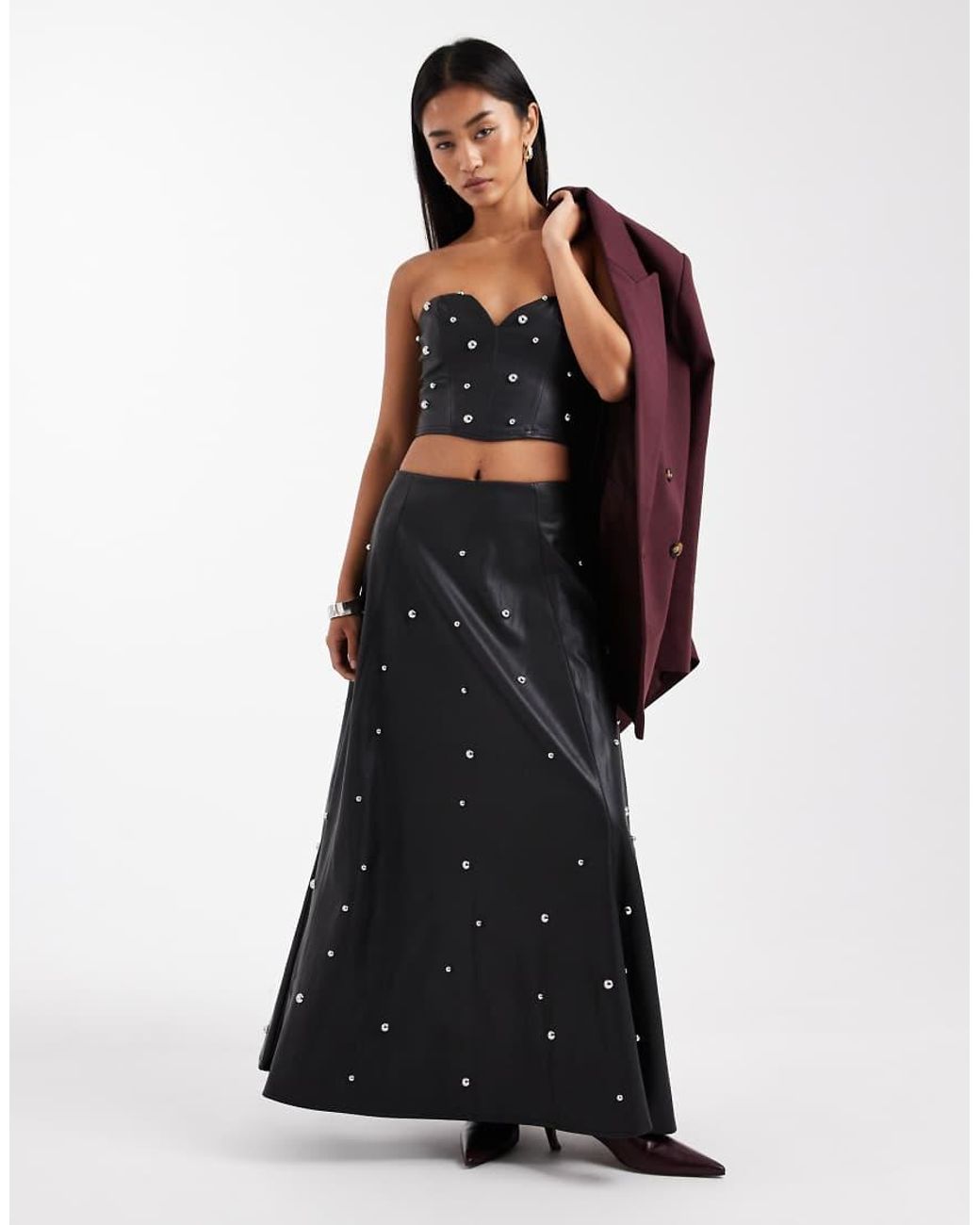 Miss Selfridge Black Faux Leather Studded Maxi Skirt