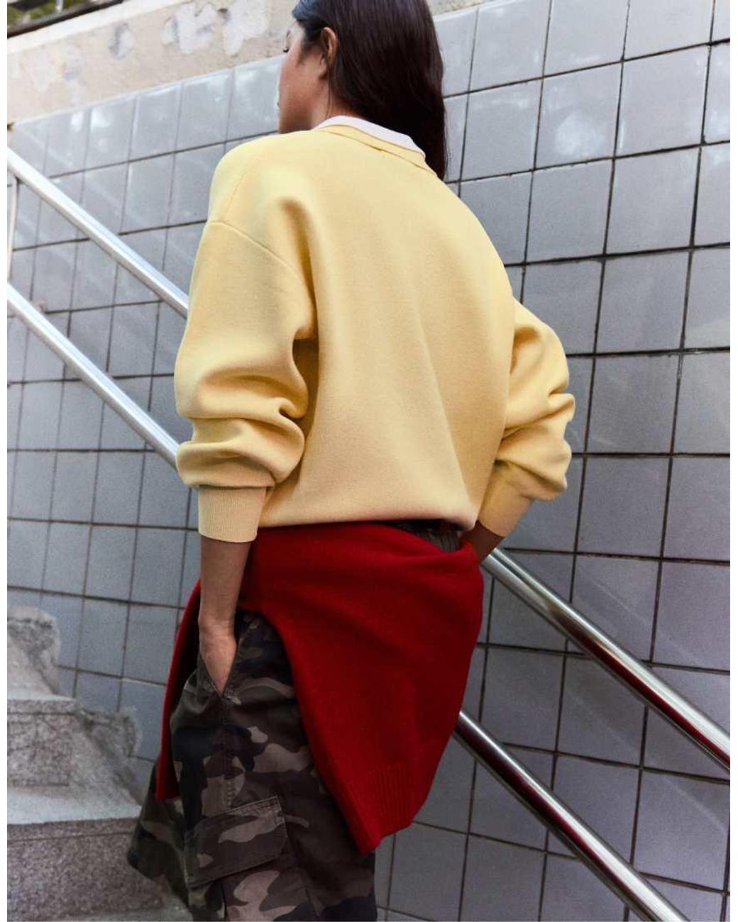 Bershka Yellow Oversize Polo Collar Jumper