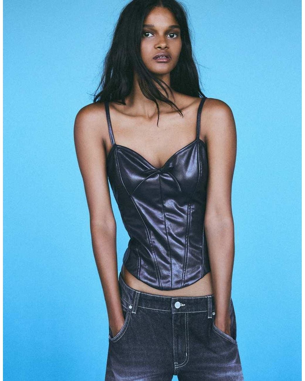 Bershka Blue Leather Effect Sweetheart Neckline Camisole Top