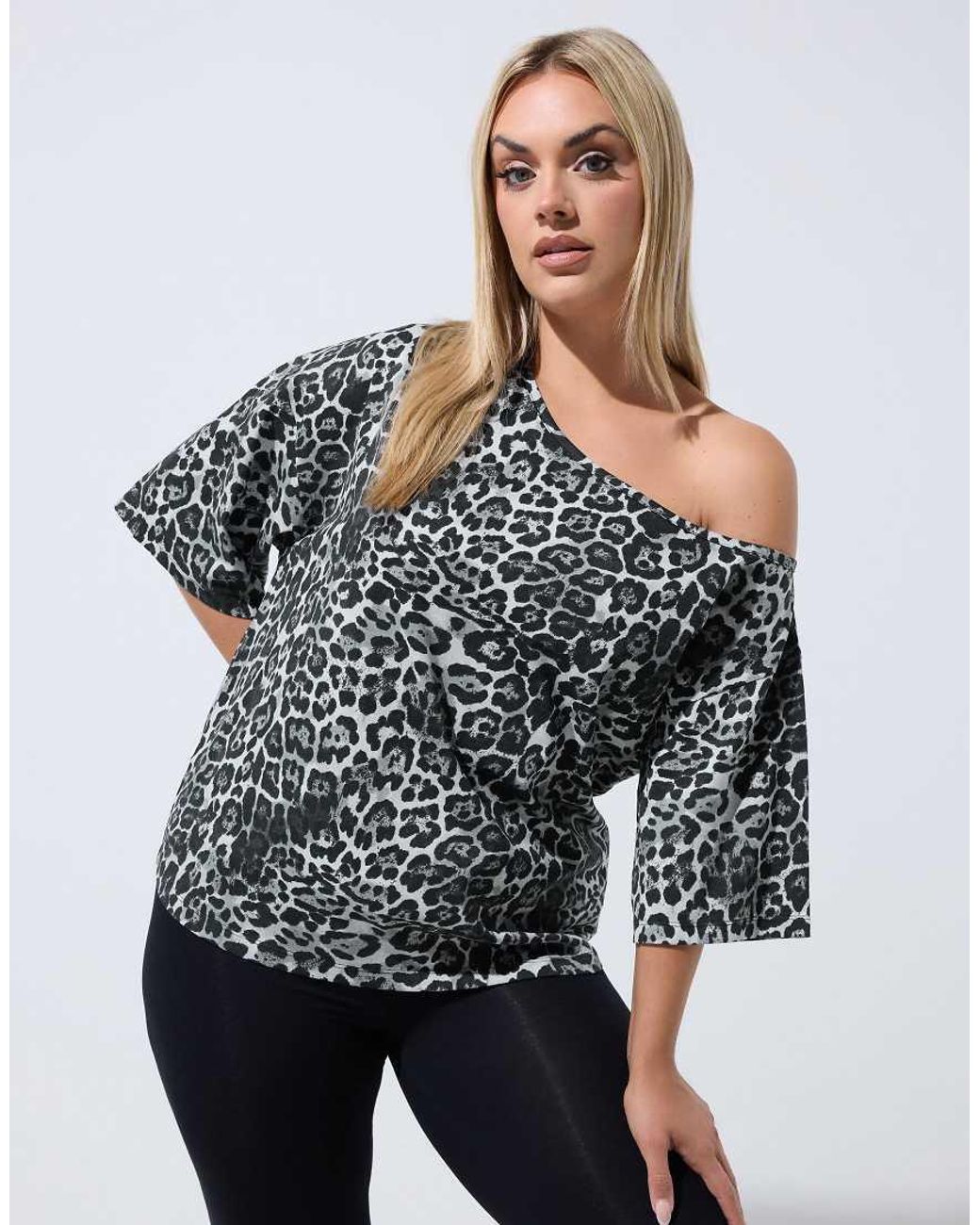 Yours Clothing Gray Leopard Off Shoulder Tee