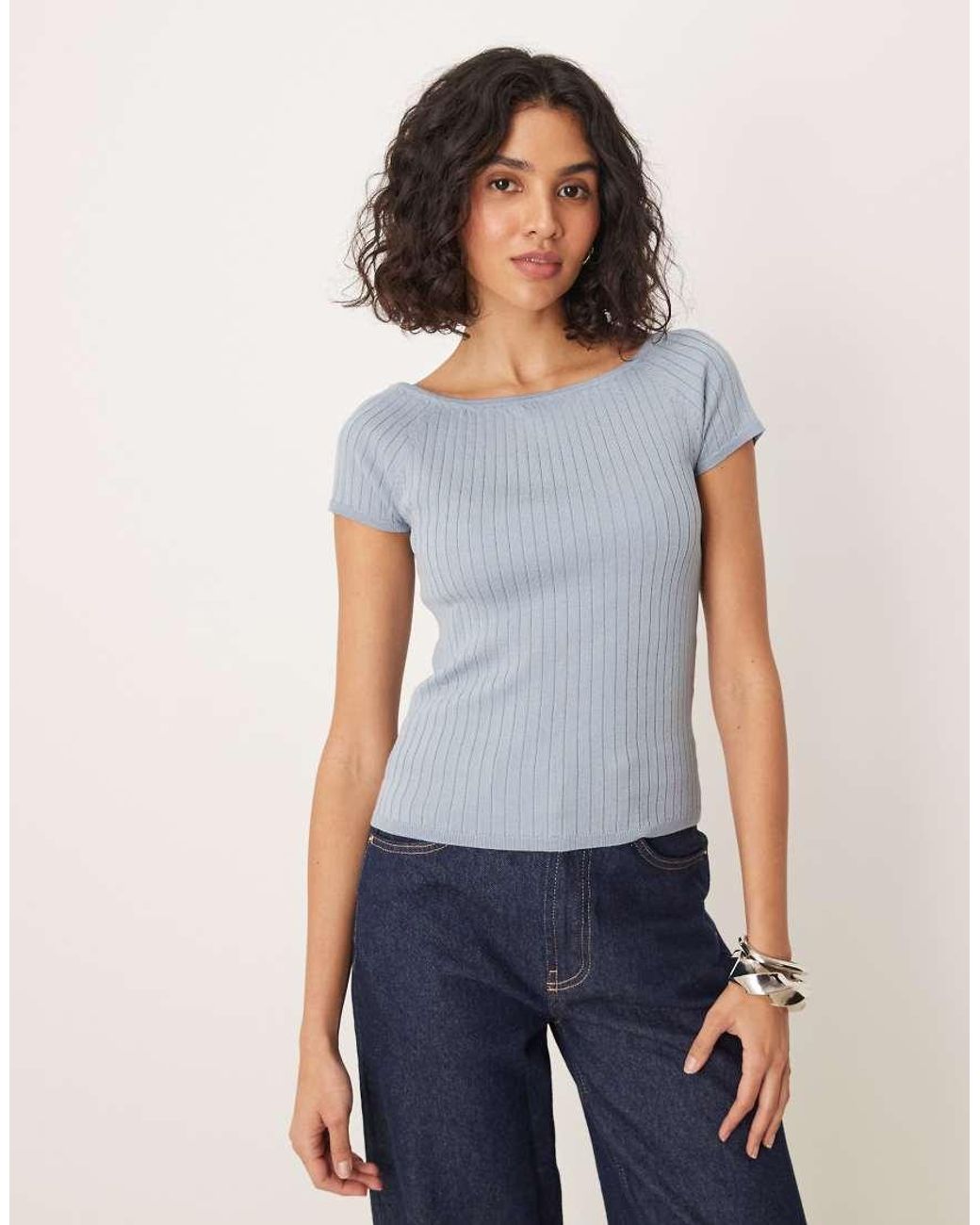 Aware Gray Ribbed Knit Off Shoulder Capped Sleeve Top