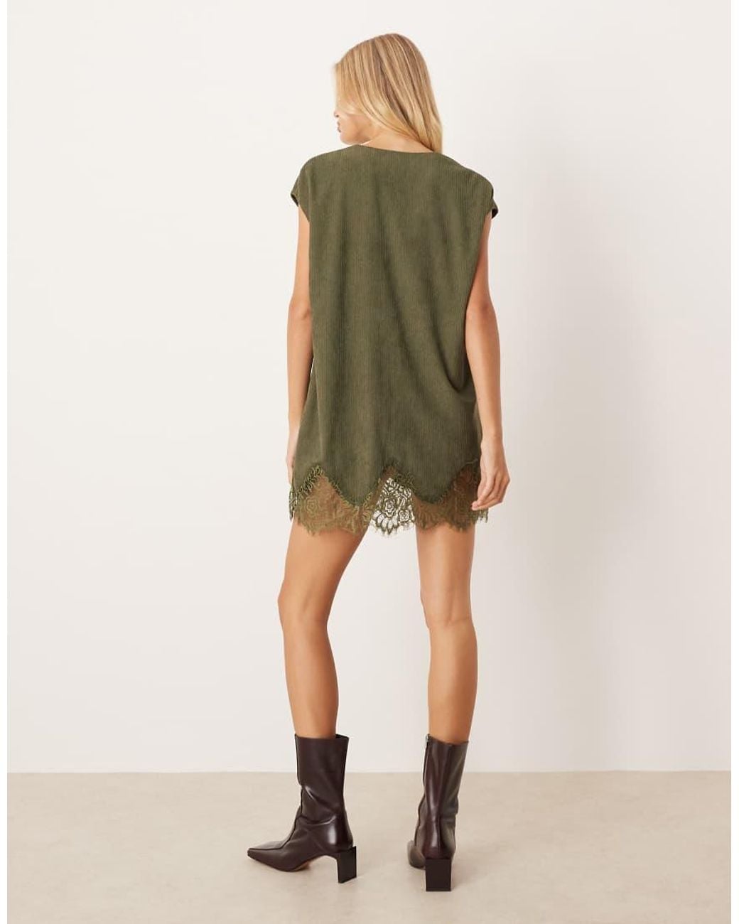 ASOS Green Cord V Neck Lace Trim Mini Shift Dress