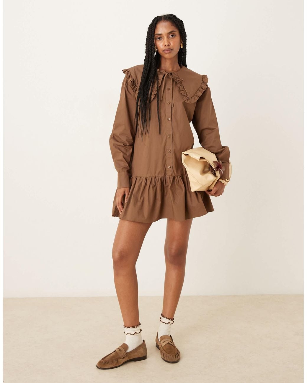 Glamorous Brown Button Up Smock Mini Dress