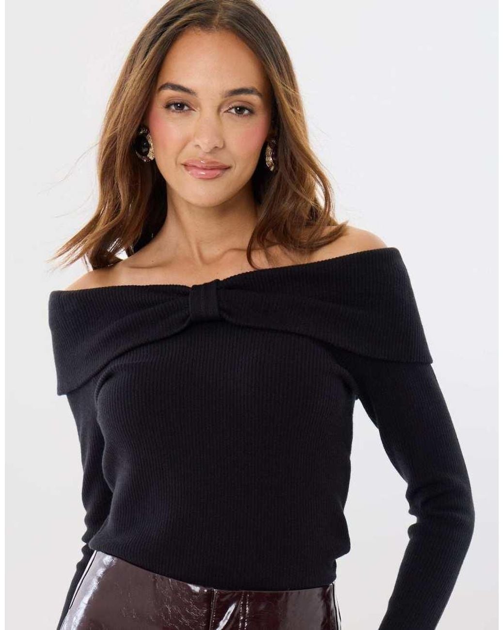 Threadbare Black Ribbed Bow Detail Bardot Jumper