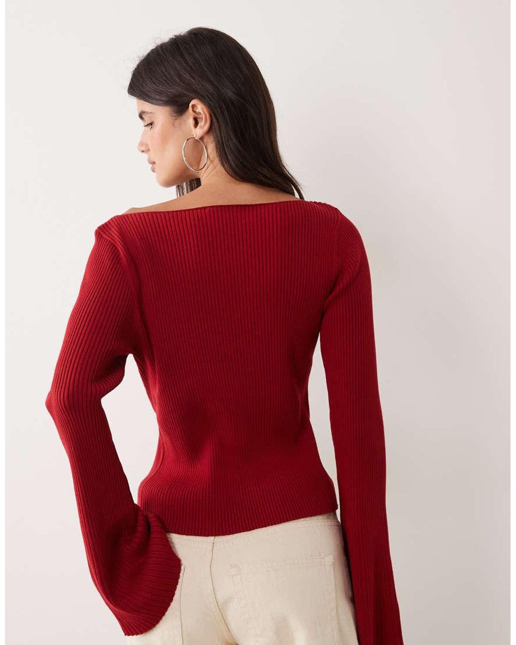 Miss Selfridge Red Rib Knit Slash Neck Flare Sleeve Top