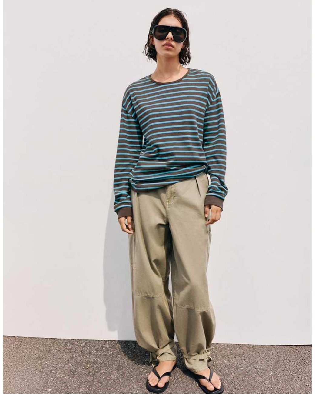 Pull&Bear Brown Oversize Long Sleeve Striped T-Shirt