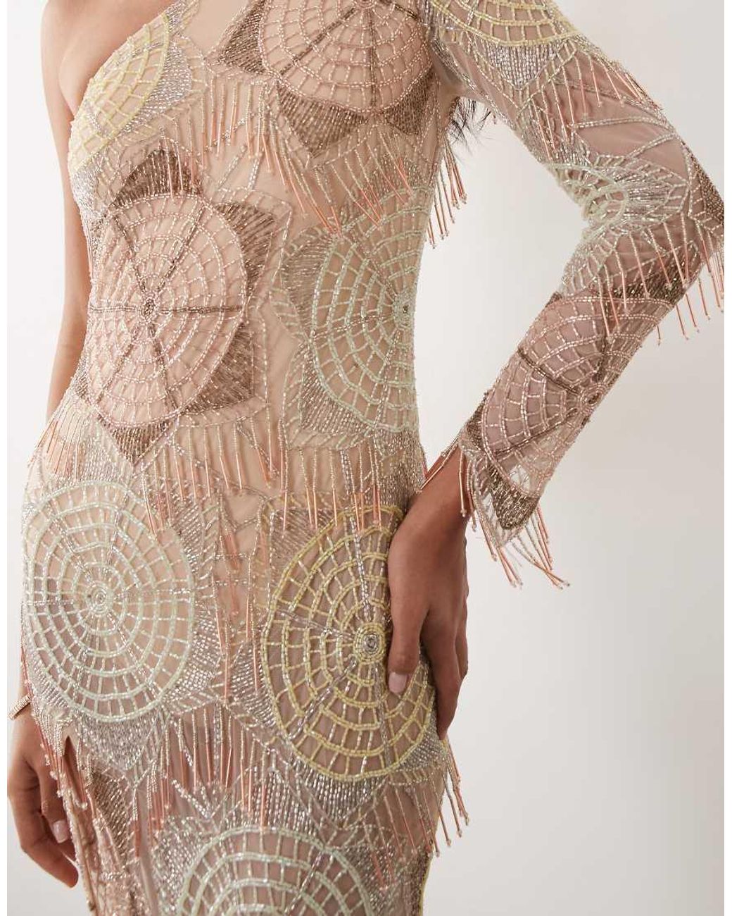 ASOS Brown Embellished Crochet One Shoulder Maxi Dress With Split
