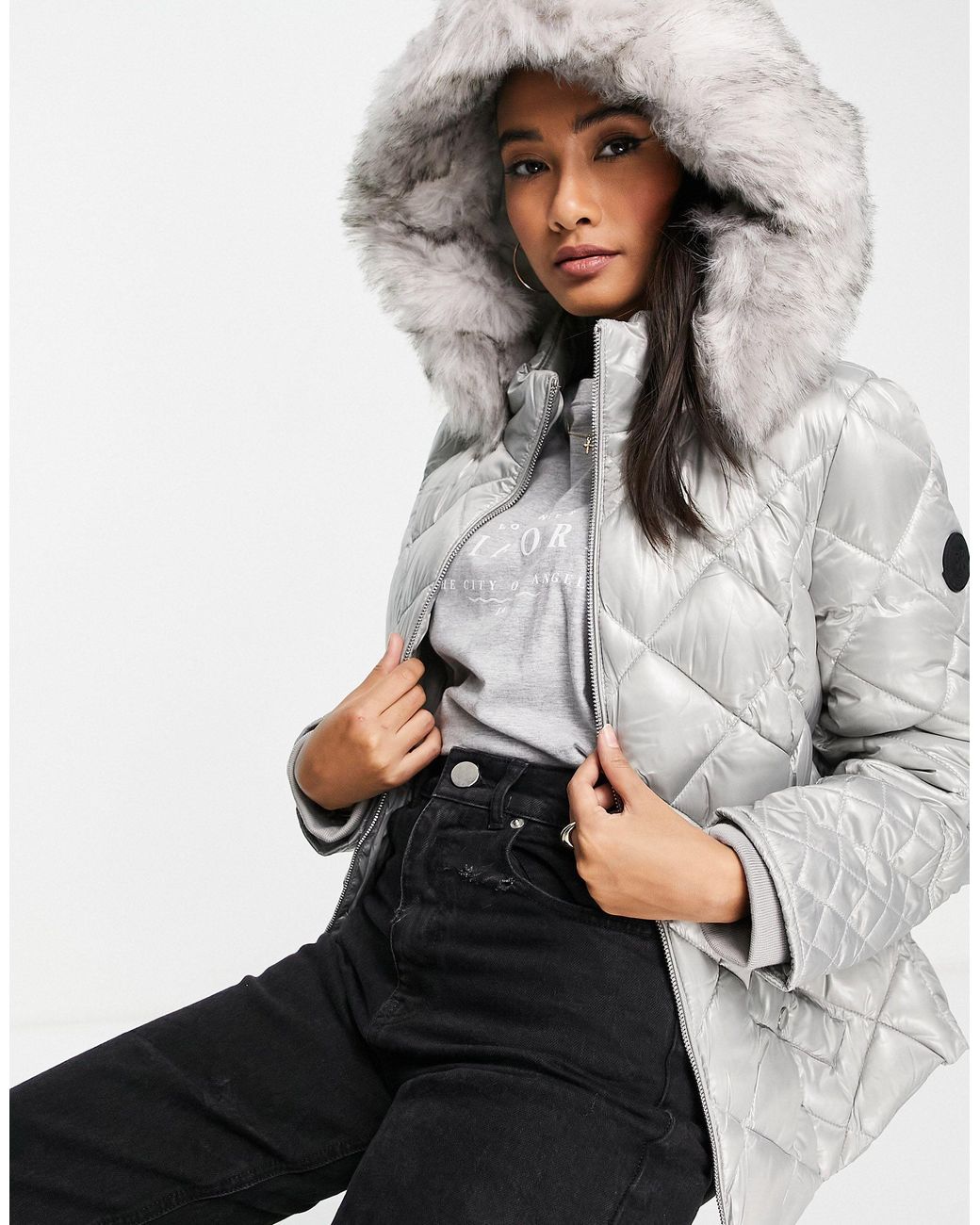 River Island Belted Patent Quilted Padded Jacket With Faux Fur Hood in Grey  | Lyst UK