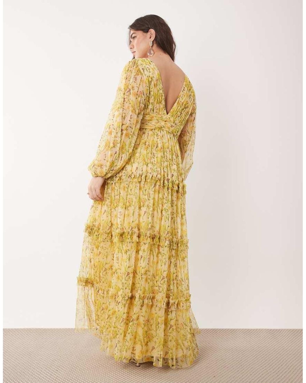 Lace & Beads Plus Metallic Lydia Tulle Balloon Sleeve Plunge Neck Tiered Maxi Dress