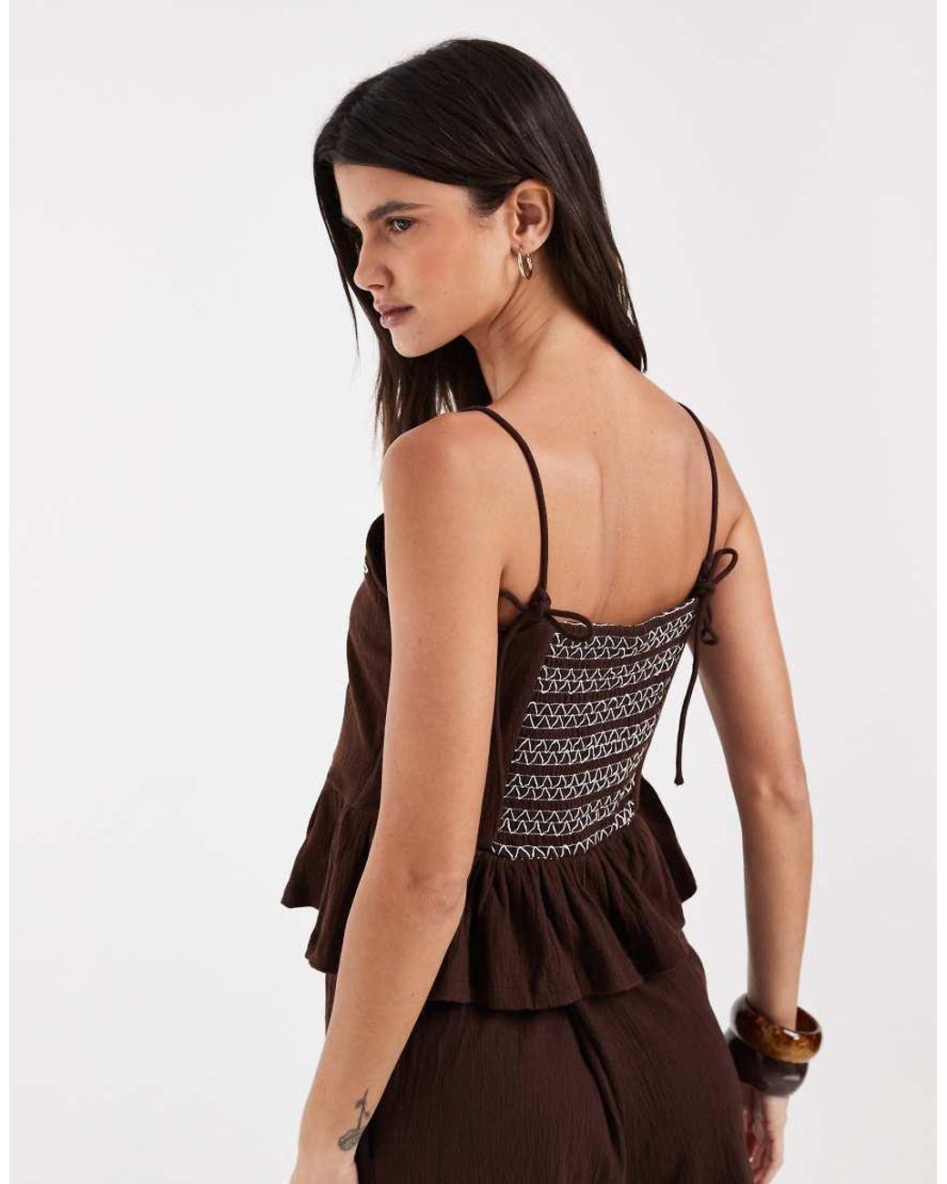 Object Brown Crinkle Cotton Frill Hem Embroidered Cami Top Co-ord