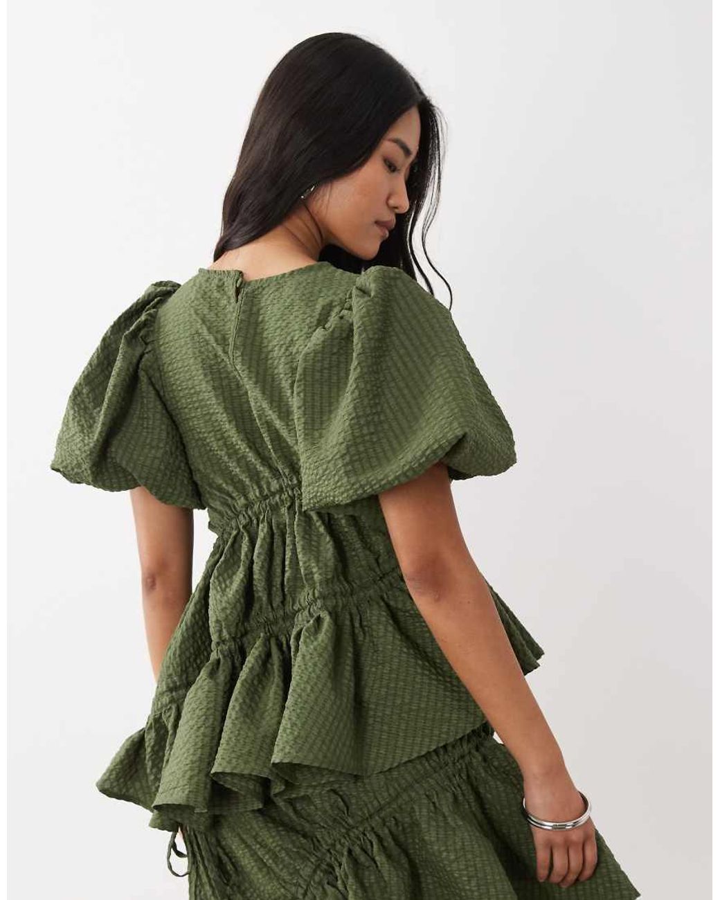 Ghospell Green Ruched Asymmetric Hem Floaty Top Co-Ord