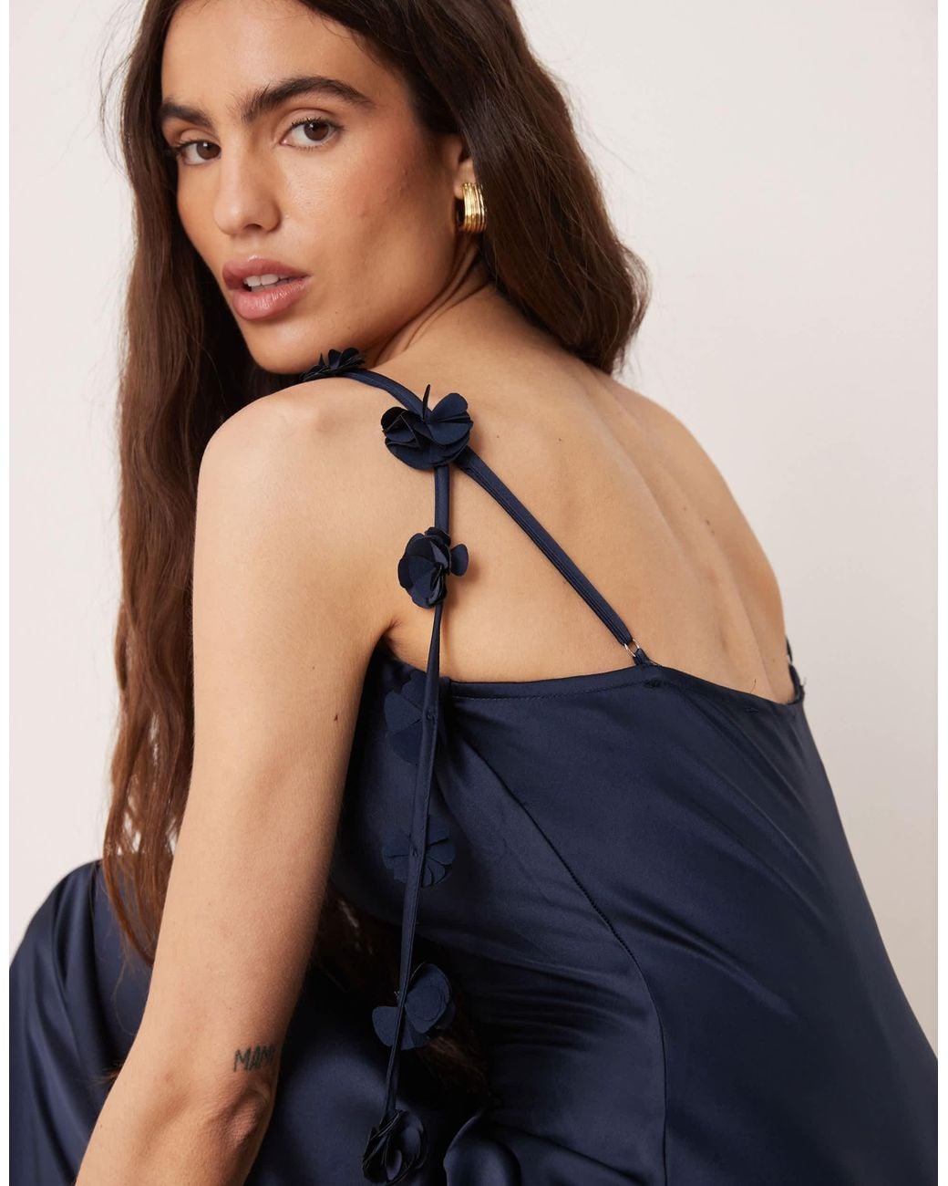 princess polly baby blue dress Gina Tricot Satin Cowl Neck Midi Dress With 3d Floral Applique in Blue
