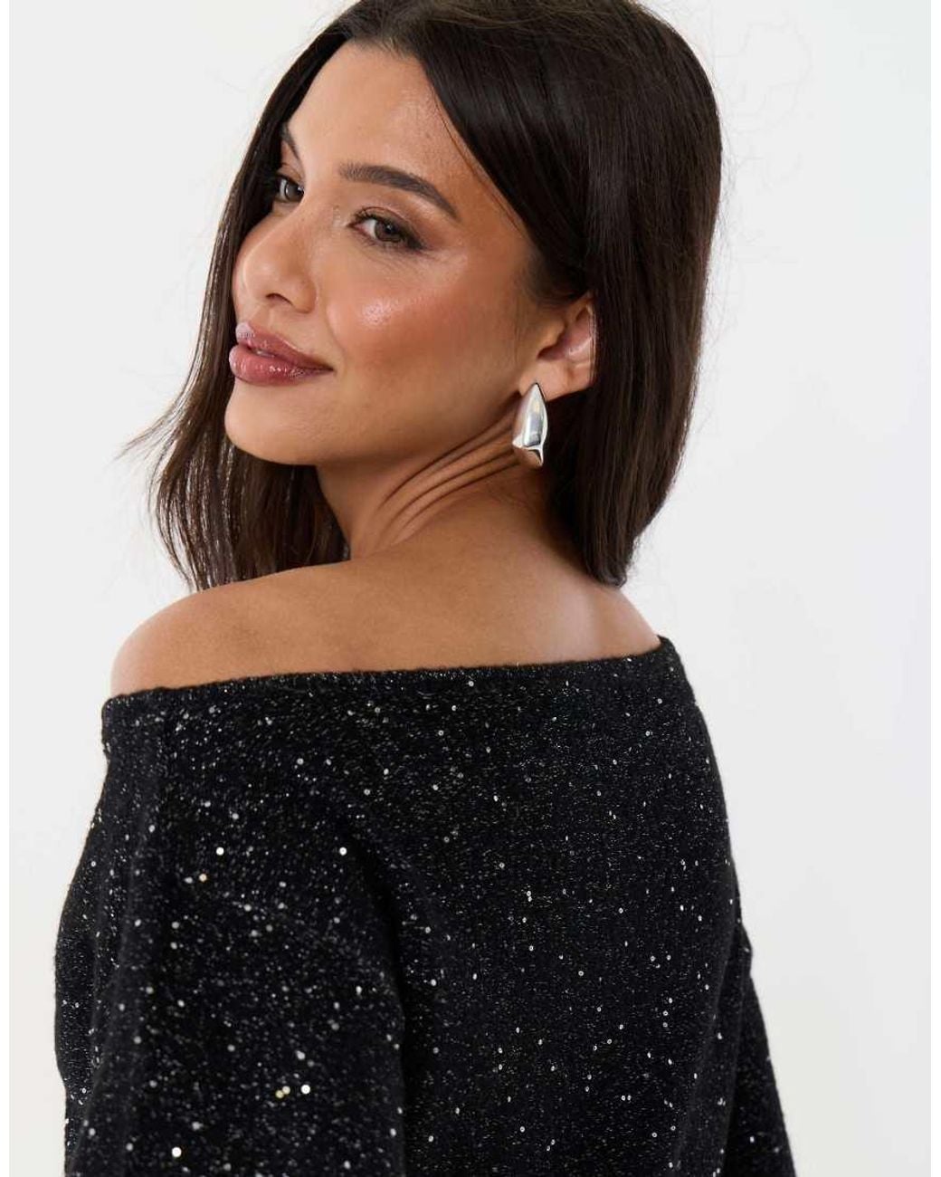 Threadbare Black Knitted Sequin Slash Neck Jumper
