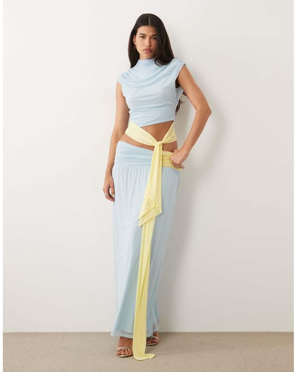 ASOS Blue Co-ord Mesh Colour Block High Neck Top