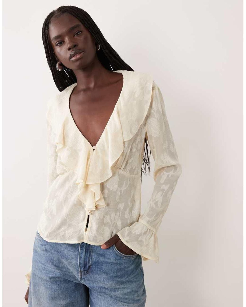 Pieces Natural Ruffle Trim Blouse