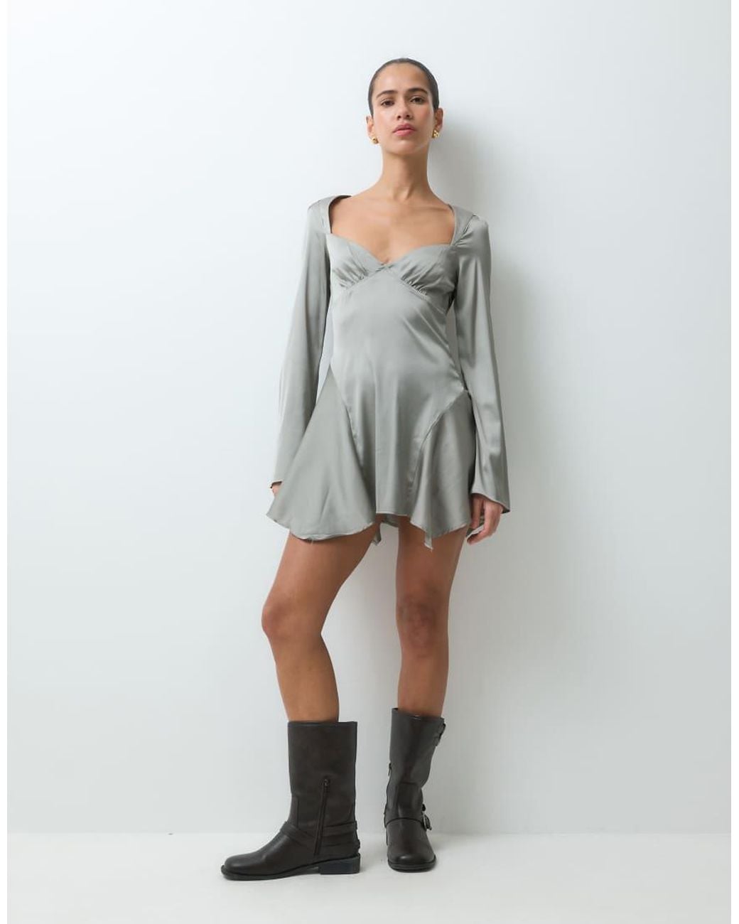 Monki Gray Asymmetric Long Sleeve Mini Dress With Open Back