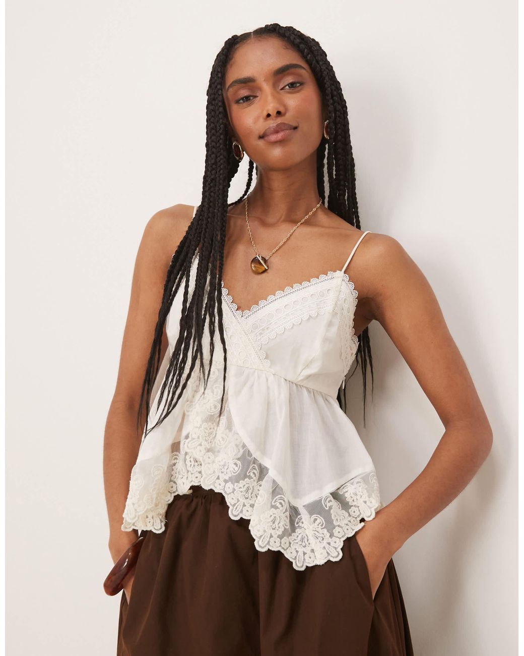 Abercrombie & Fitch Premium Babydoll Embroidered Top in Brown | Lyst