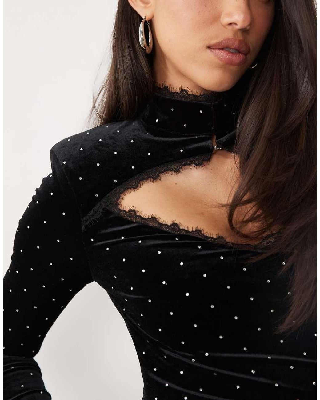 Ruched & Ready Black Velvet Hotfix Mandarin Collar High Neck Lace Trim Shoulder Pad Mini Dress