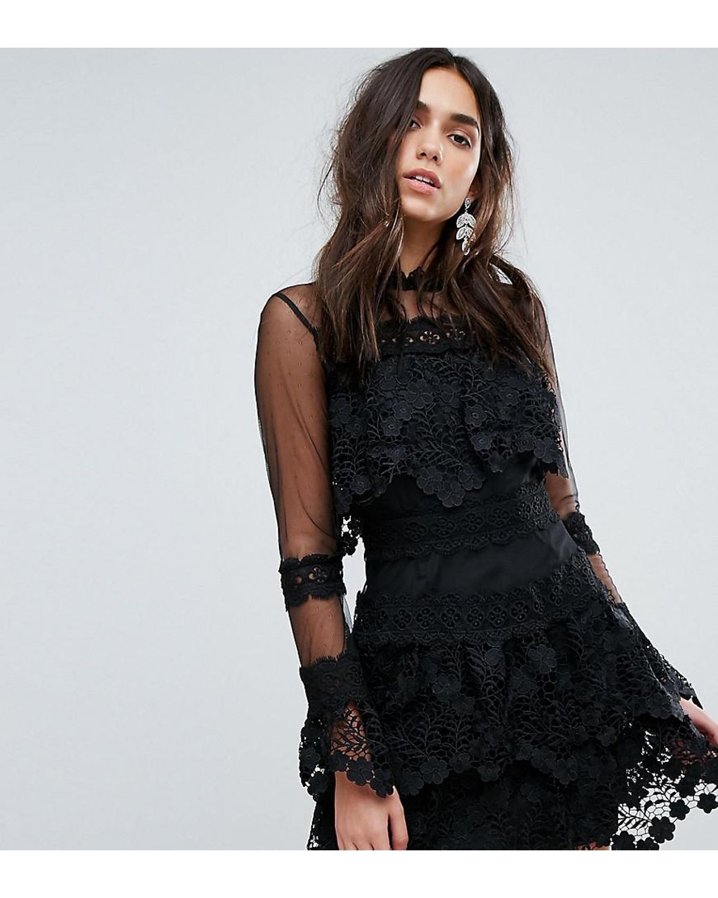 PrettyLittleThing Premium Lace Dress With Mesh Sleeve in Black | Lyst