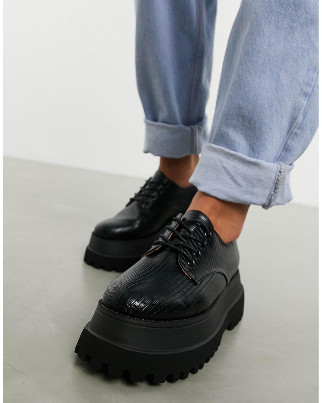 asos design money chunky lace up flat shoes in black