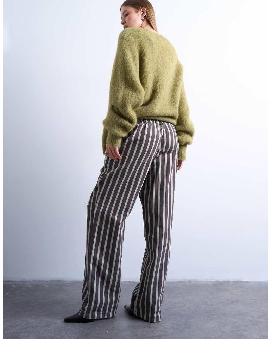 TOPSHOP White Wide Stripe Pull On Straight Leg Trouser