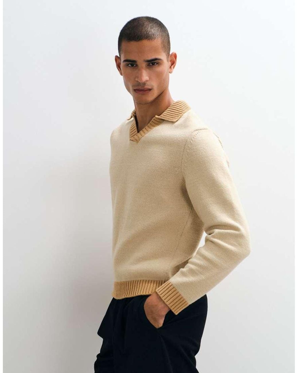 ASOS Natural Relaxed Knitted Notch Neck Long Sleeved Jumper for men
